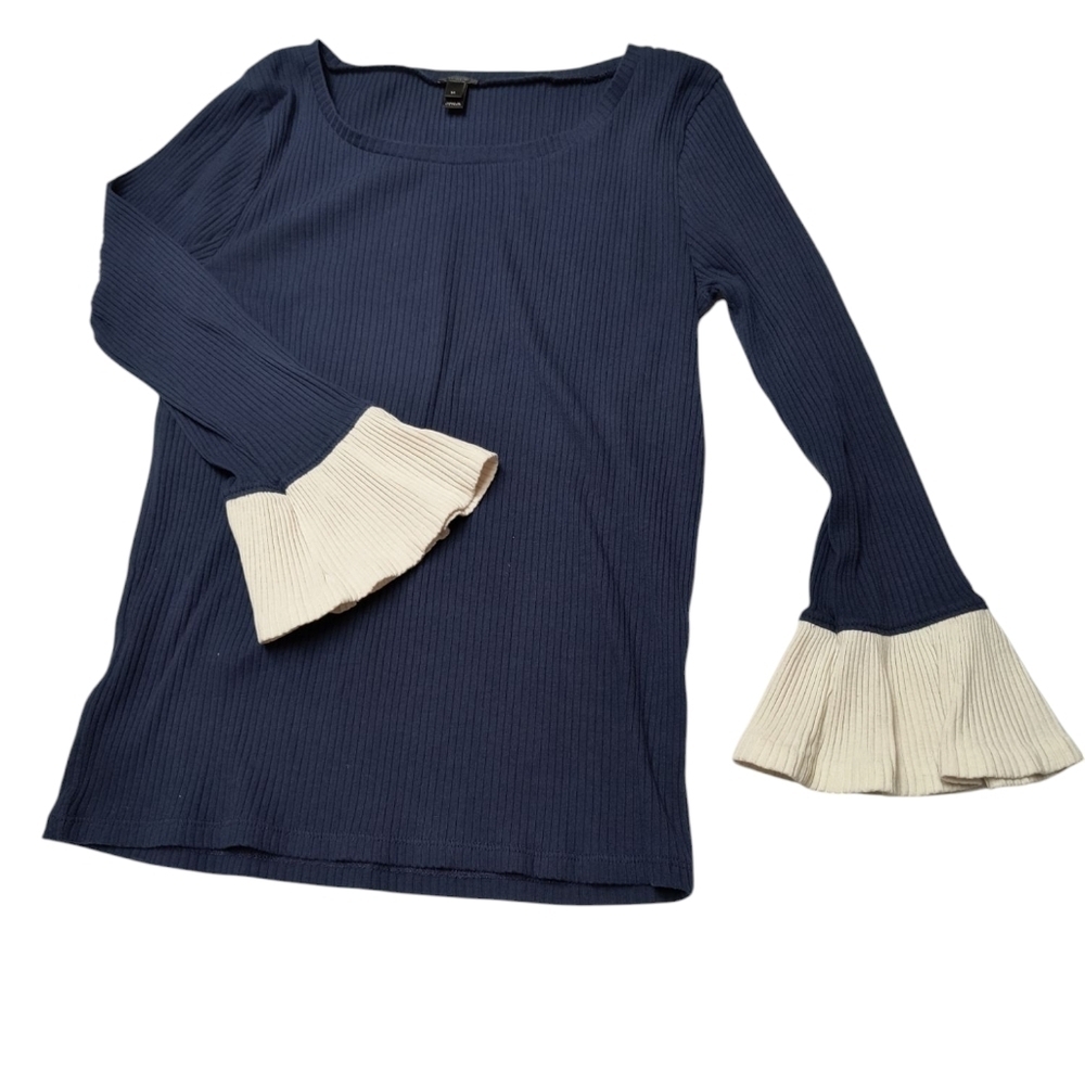 J.Crew Navy and Cream Ribbed Knit Top With Bell Sleeves Size M